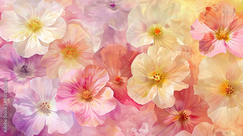 Watercolor primroses in wet-on-dry style, detailed petals in spring shades, pastel background Watercolor primroses in wet-on-dry style, detailed petals in spring shades, pastel background