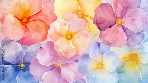 Wallpaper Mural Watercolor primroses in wet-on-dry style, detailed petals in vibrant spring colors, pastel background Torontodigital.ca