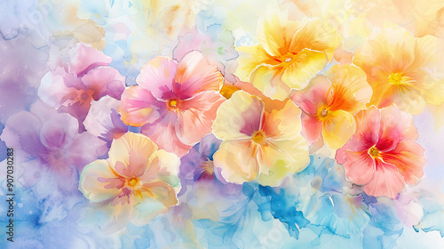 Wallpaper Mural Watercolor primroses in wet-on-dry style, detailed petals in vibrant spring colors, pastel background Torontodigital.ca