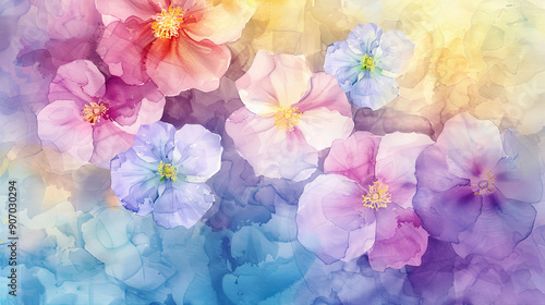 Watercolor primroses in wet-on-dry style, detailed petals in vibrant spring colors, pastel background