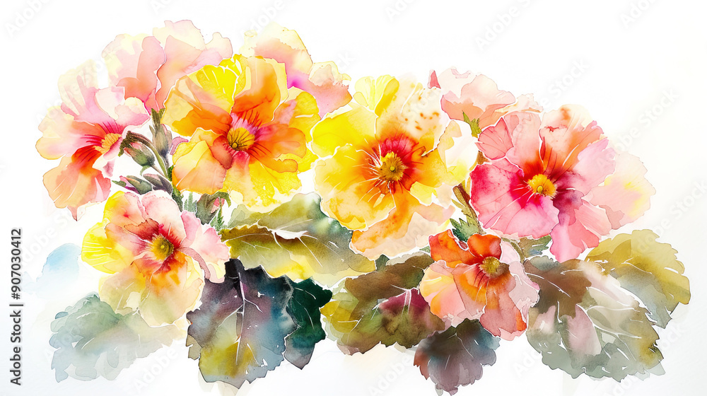 Watercolor primroses in wet-on-wet style, soft blending of spring colors, white background Watercolor primroses in wet-on-wet style, soft blending of spring colors, white background