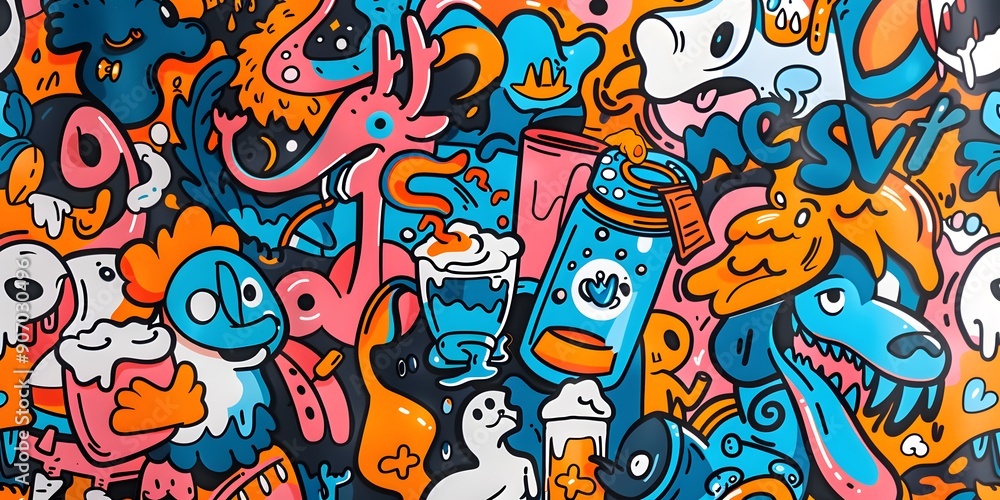 A vibrant, densely packed collage of cartoonish characters and objects in various colors, resembling graffiti art. The image is lively and chaotic, with a playful and energetic vibe. A vibrant, densely packed collage of cartoonish characters and objects in various colors, resembling graffiti art. The image is lively and chaotic, with a playful and energetic vibe.