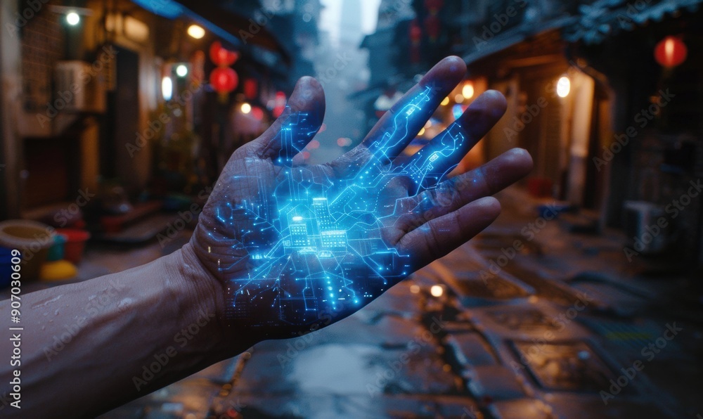 A hand with a glowing city map on it. AI. A hand with a glowing city map on it. AI.