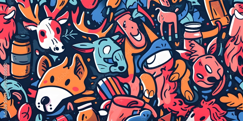 A vibrant, densely packed collage of cartoonish characters and objects in various colors, resembling graffiti art. The image is lively and chaotic, with a playful and energetic vibe. A vibrant, densely packed collage of cartoonish characters and objects in various colors, resembling graffiti art. The image is lively and chaotic, with a playful and energetic vibe.