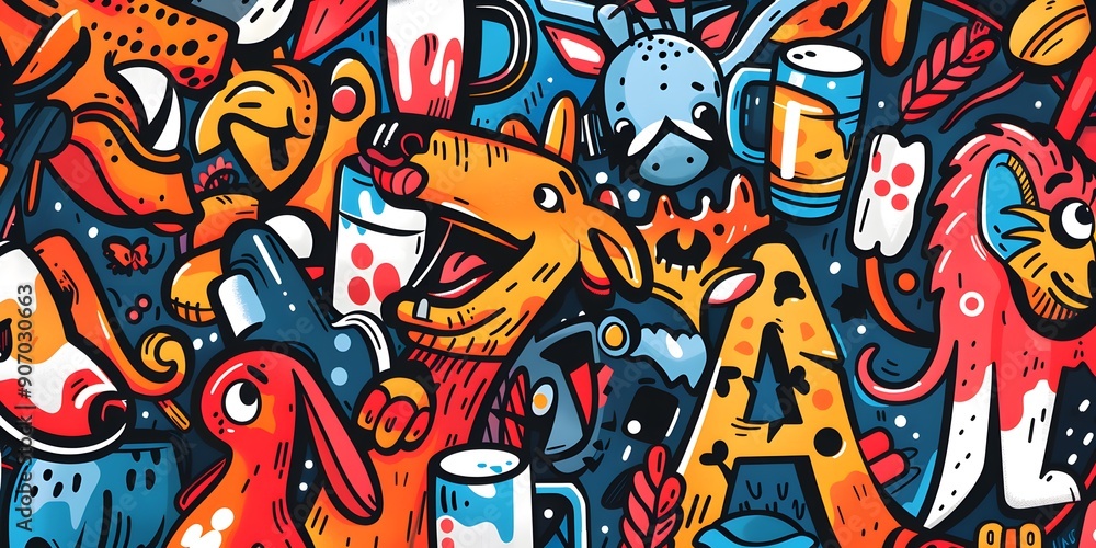 Fototapeta premium A vibrant, densely packed collage of cartoonish characters and objects in various colors, resembling graffiti art. The image is lively and chaotic, with a playful and energetic vibe.