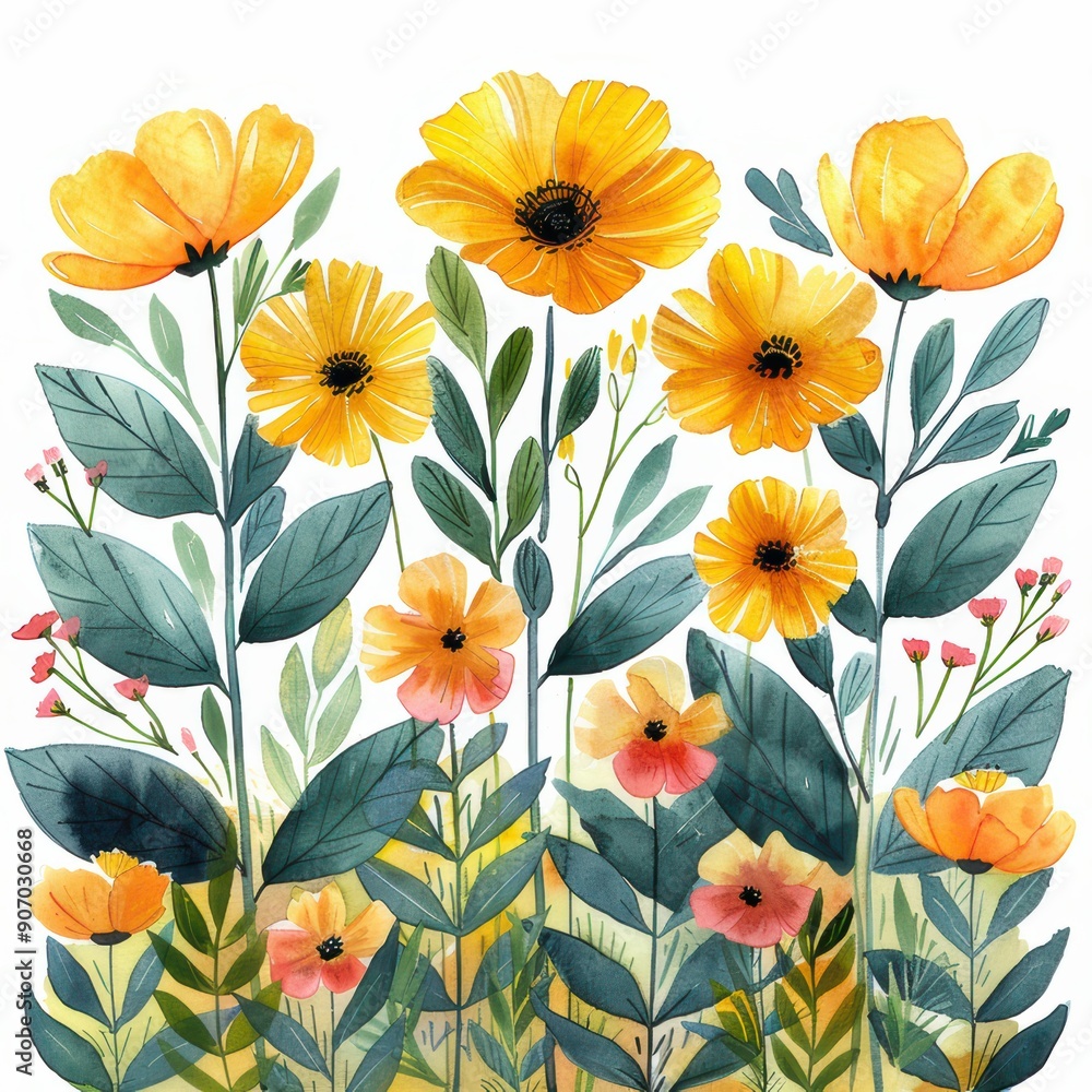Watercolor yellow flower and green leaves Watercolor yellow flower and green leaves