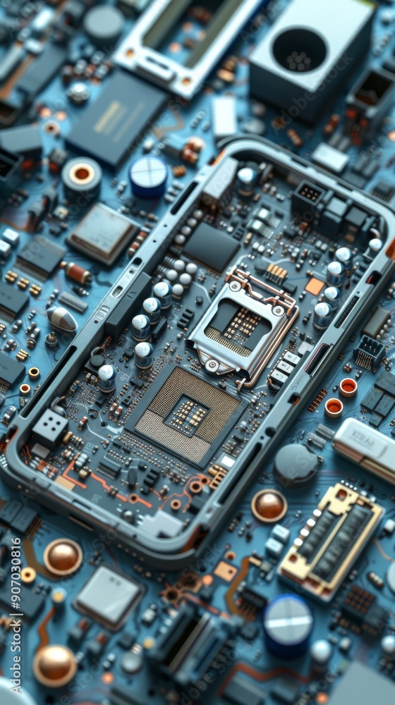 Fototapeta premium Innovative Smartphone Repair Service Illustration: A Disassembled Phone Transformed into Abstract Art Highlighting the CPU and Motherboard, Emblematic of Modern Technology's Inner