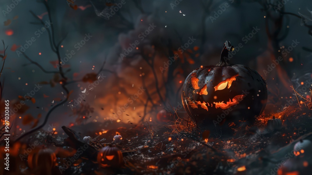 Haunted Pumpkin Patch at Night With Glowing Jack-o'-Lanterns Haunted Pumpkin Patch at Night With Glowing Jack-o'-Lanterns