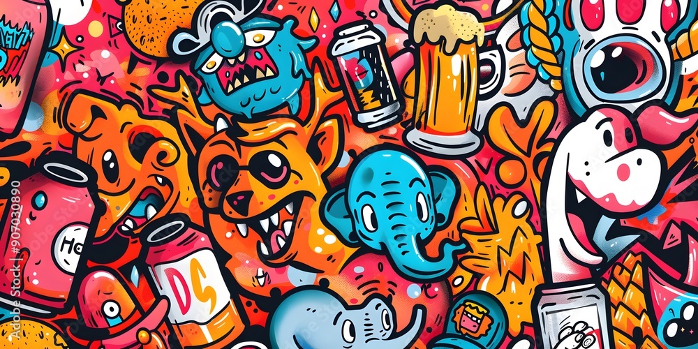 Obraz premium A vibrant, densely packed collage of cartoonish characters and objects in various colors, resembling graffiti art. The image is lively and chaotic, with a playful and energetic vibe.