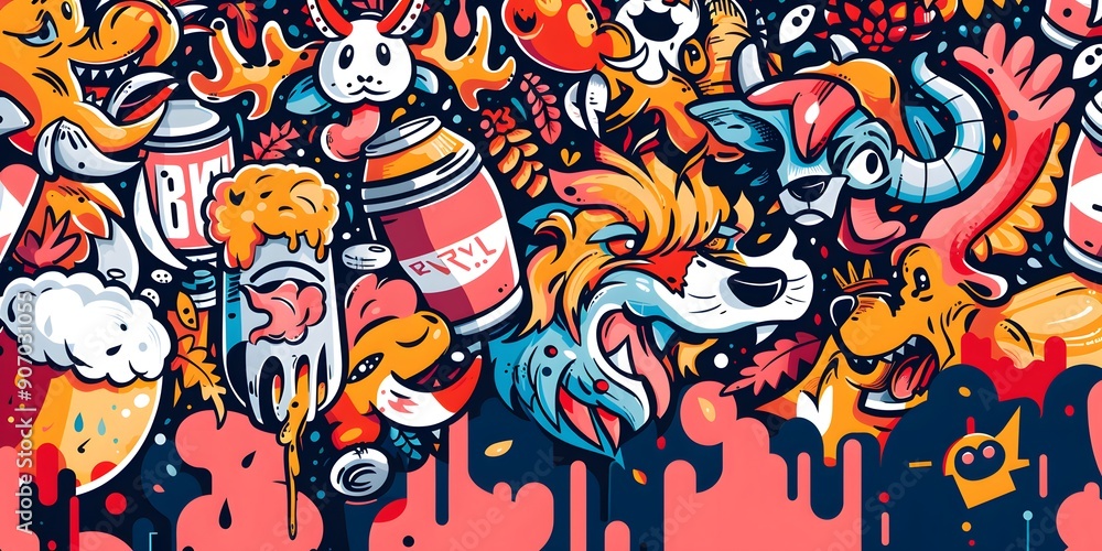 A vibrant, densely packed collage of cartoonish characters and objects in various colors, resembling graffiti art. The image is lively and chaotic, with a playful and energetic vibe. A vibrant, densely packed collage of cartoonish characters and objects in various colors, resembling graffiti art. The image is lively and chaotic, with a playful and energetic vibe.