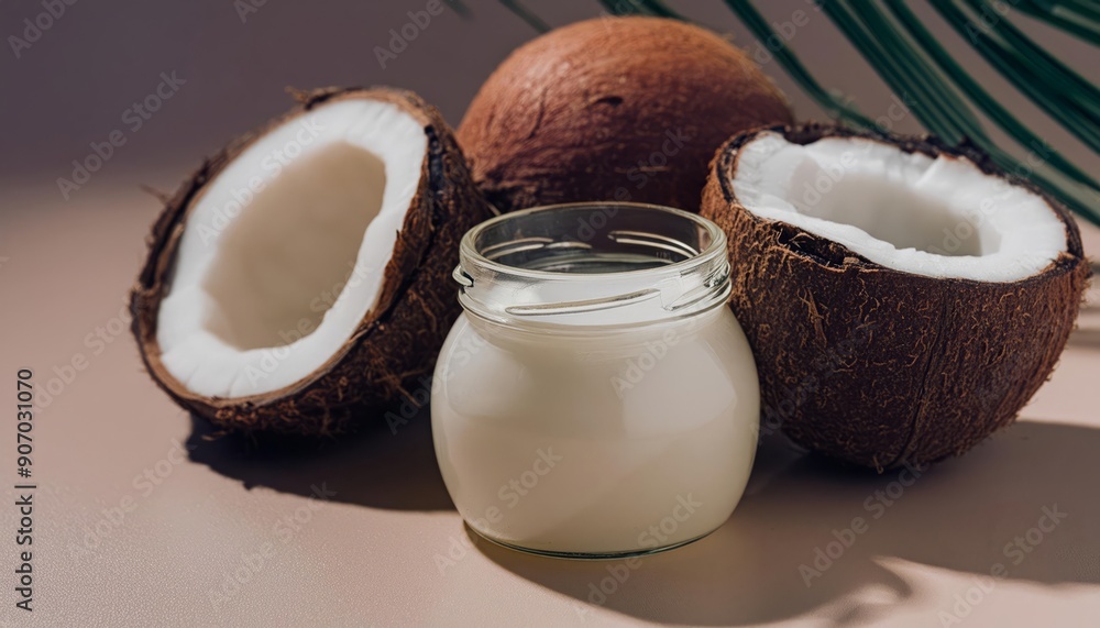 Coconut oil in a glass jar with coconut balls beside it, isolated on clean background. Showcasing the natural beauty and health benefits of this versatile ingredient Coconut oil in a glass jar with coconut balls beside it, isolated on clean background. Showcasing the natural beauty and health benefits of this versatile ingredient