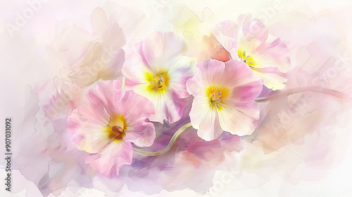 Watercolor primroses with blotting, soft pastels creating delicate highlights, gentle composition, light background