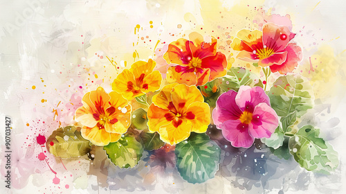 Wallpaper Mural Watercolor primroses with splattering, dynamic and playful, bright colors splashing, light gray background Torontodigital.ca