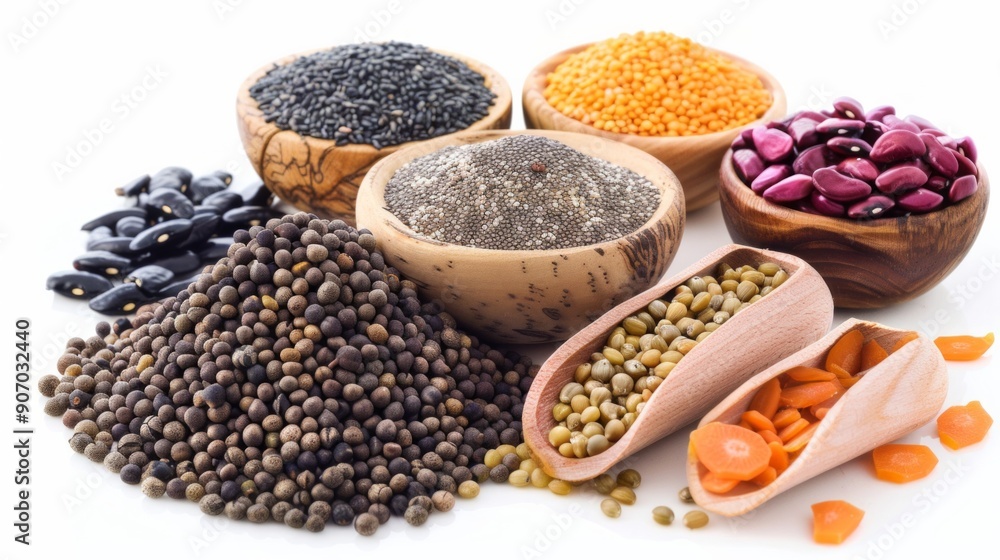 Assortment of oriental spices in a wooden dish. Ingredients containing iron and dietary fiber, natural sources of ferrum, healthy lifestyle, food and nutrition. Assortment of oriental spices in a wooden dish. Ingredients containing iron and dietary fiber, natural sources of ferrum, healthy lifestyle, food and nutrition.