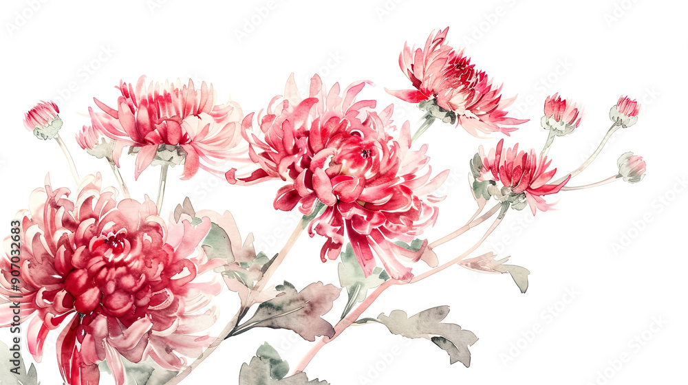 Watercolor Red chrysanthemums with feathering, soft and flowing, elegant and delicate, light and airy, clean white background Watercolor Red chrysanthemums with feathering, soft and flowing, elegant and delicate, light and airy, clean white background