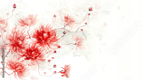 Watercolor Red chrysanthemums with feathering, soft and flowing, elegant and delicate, light and airy, clean white background
