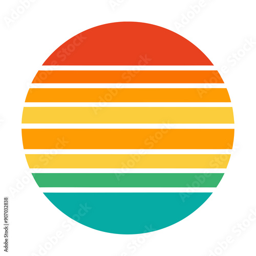 A circular design with horizontal stripes of orange, yellow, and teal  retro color palette reminiscent of a sunset. photo