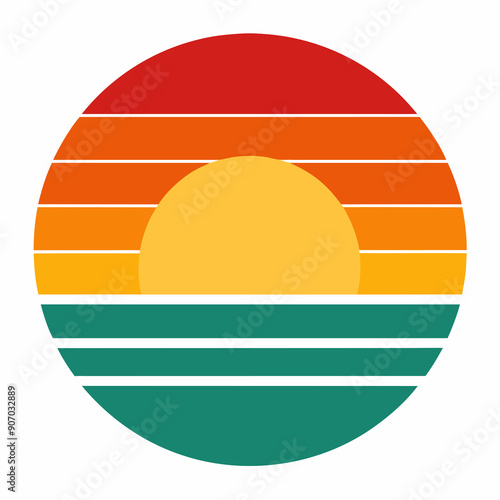 A circular design with horizontal stripes of orange, yellow, and teal  retro color palette reminiscent of a sunset. photo