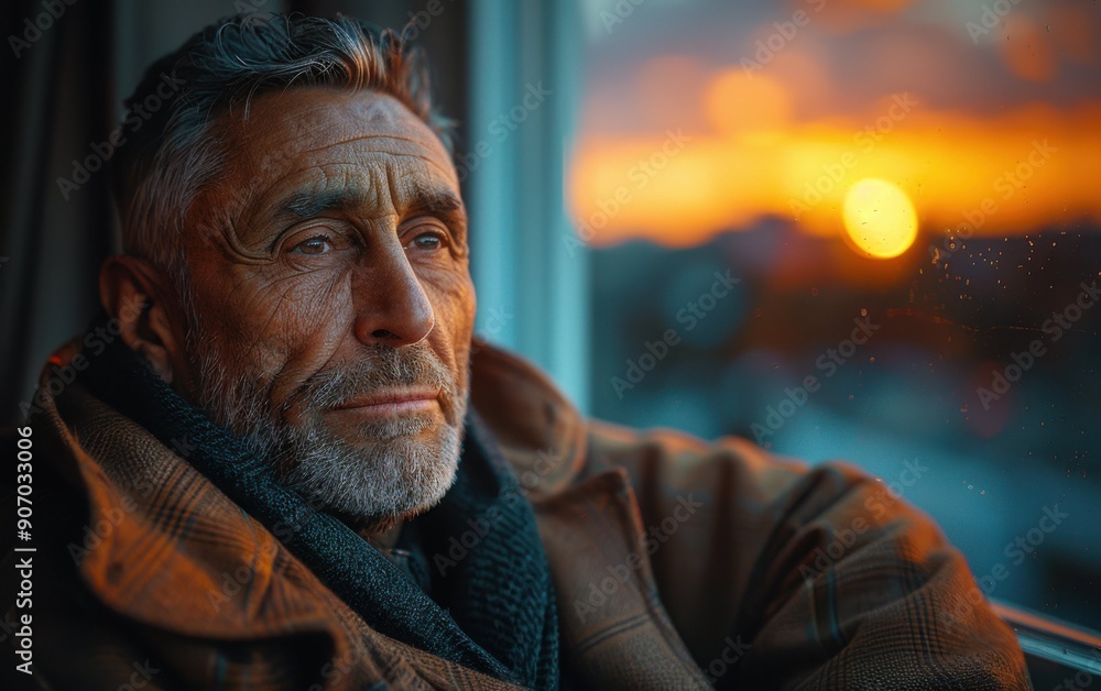 An adult Hispanic man gazes thoughtfully out the train window as a beautiful sunset casts vibrant colors across the sky An adult Hispanic man gazes thoughtfully out the train window as a beautiful sunset casts vibrant colors across the sky
