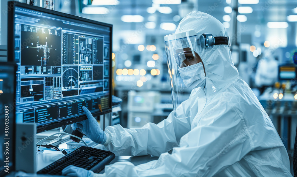 Scientist in Protective Gear Conducting Semiconductor Research on Computer in High-Tech Laboratory Cleanroom Scientist in Protective Gear Conducting Semiconductor Research on Computer in High-Tech Laboratory Cleanroom