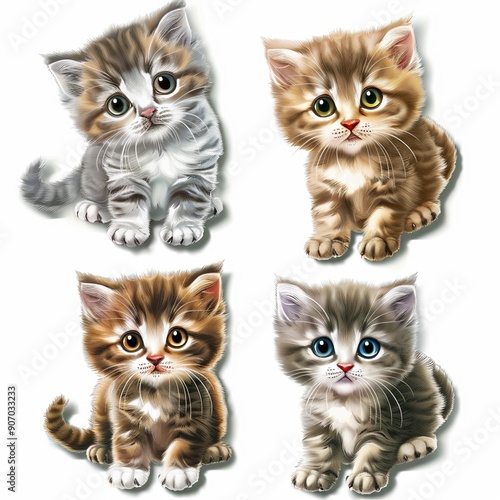 A set of incredibly detailed kitten stickers against a pure white background.