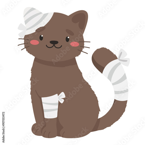 Cute cat with injury to tail, paw and ear, veterinary treatment, injured animal, bandaging pet.
