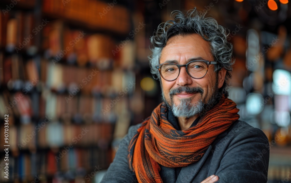 A smiling Hispanic writer stands in a warmly lit bookstore, exuding confidence with arms crossed and a colorful scarf around his neck A smiling Hispanic writer stands in a warmly lit bookstore, exuding confidence with arms crossed and a colorful scarf around his neck