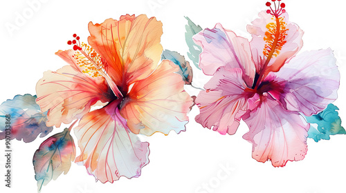 Wallpaper Mural Watercolor tropical hibiscus in loose and freeform style, pastel shades, white background Torontodigital.ca