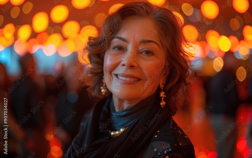 An adult Hispanic participant showcases her joyful expression while engaging in a dance competition surrounded by festive lights An adult Hispanic participant showcases her joyful expression while engaging in a dance competition surrounded by festive lights