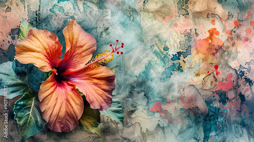 Wallpaper Mural Watercolor tropical hibiscus using layering (glazing), rich and deep colors, textured paper background Torontodigital.ca
