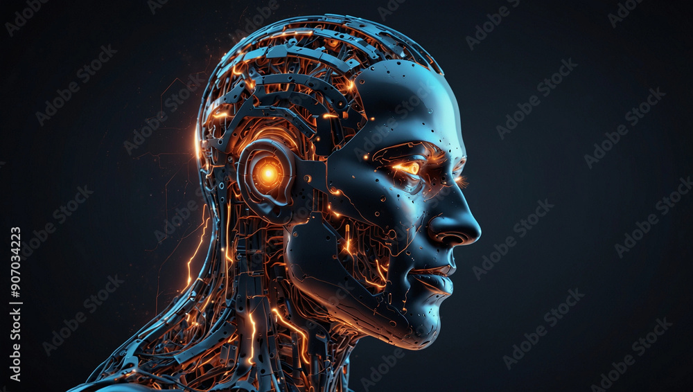Futuristic cyborg android robot human appearance metallic body glowing network data, AI brain Futuristic cyborg android robot human appearance metallic body glowing network data, AI brain
