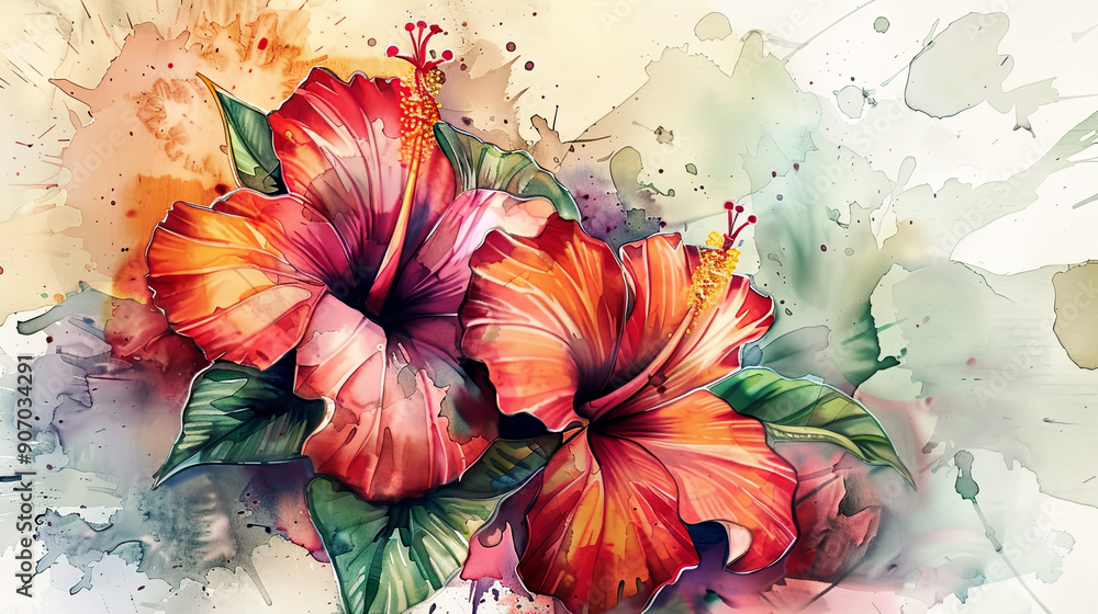 custom made wallpaper toronto digitalWatercolor tropical hibiscus with ink and wash combination, intricate and vibrant details, light background