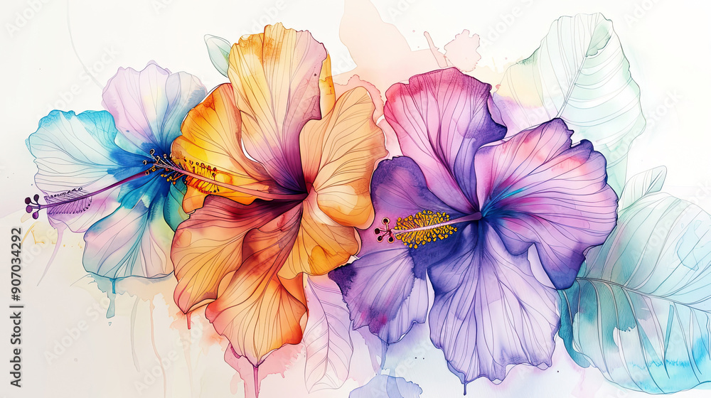 custom made wallpaper toronto digitalWatercolor tropical hibiscus with ink and wash combination, intricate and colorful, light background