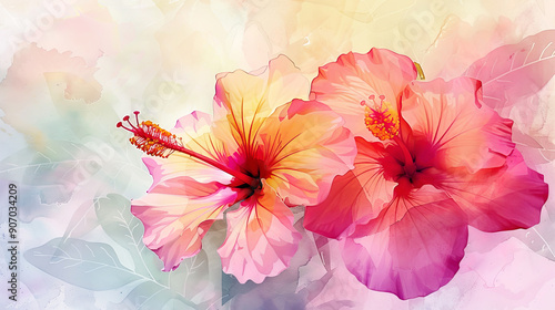 Watercolor tropical hibiscus with gradient washes, seamless transitions, soft background