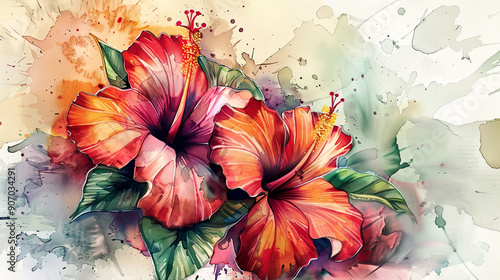 Wallpaper Mural Watercolor tropical hibiscus with ink and wash combination, intricate and vibrant details, light background Torontodigital.ca