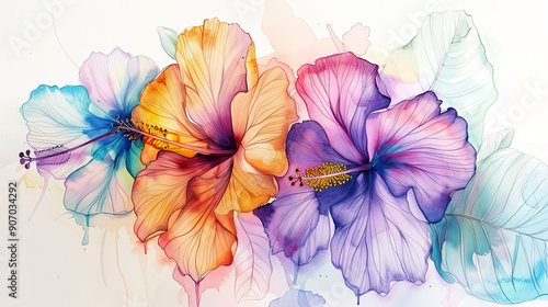 Wallpaper Mural Watercolor tropical hibiscus with ink and wash combination, intricate and colorful, light background Torontodigital.ca