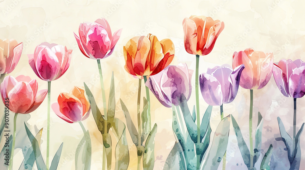 Watercolor tulips in wet-on-dry style, delicate and detailed, bright pastel shades, light beige background Watercolor tulips in wet-on-dry style, delicate and detailed, bright pastel shades, light beige background