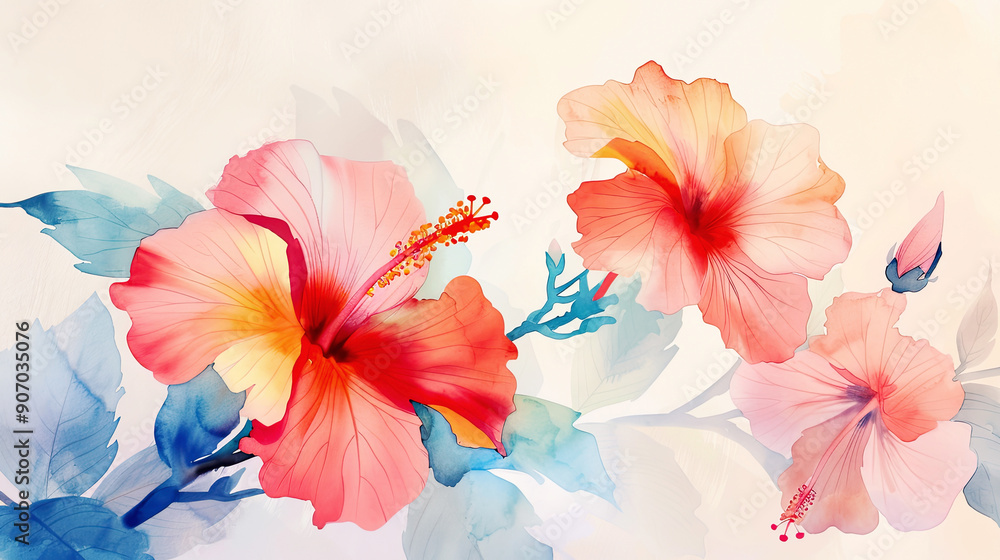Watercolor tropical hibiscus with negative space, vibrant flowers against a soft background, light beige Background Watercolor tropical hibiscus with negative space, vibrant flowers against a soft background, light beige Background