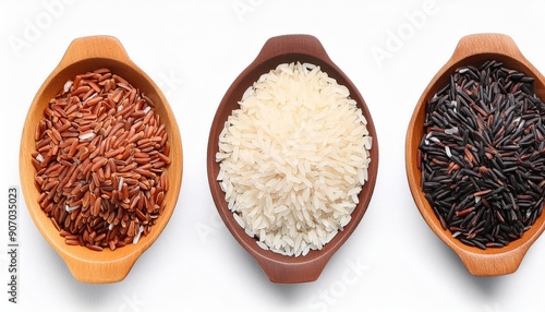 Various types of rice grains isolated on white background for mockup. Carbohydrate, starch, carbs, healthy, organic photo