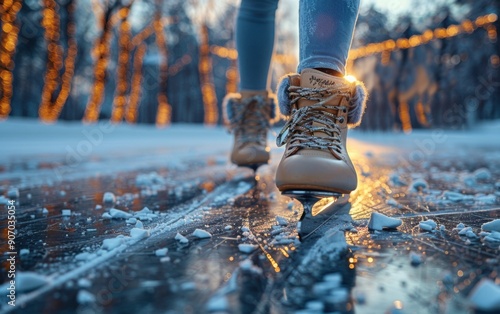 An adult Hispanic individual practices ice skating tilts on a snowy outdoor rink, adorned with twinkling lights during a winter evening photo