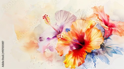 Watercolor tropical hibiscus with negative space, vibrant flowers against a soft background, light beige Background