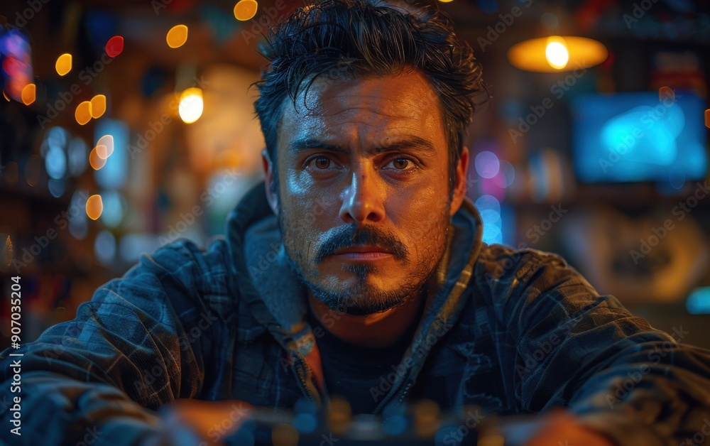 An adult Hispanic professional gamer focuses intensely on the gameplay in a cozy, dimly lit environment filled with decorations An adult Hispanic professional gamer focuses intensely on the gameplay in a cozy, dimly lit environment filled with decorations