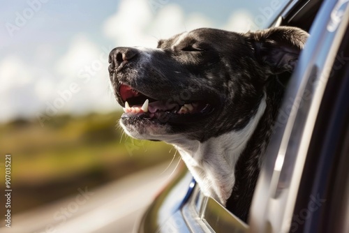 happy dog with head out of the car window having fun