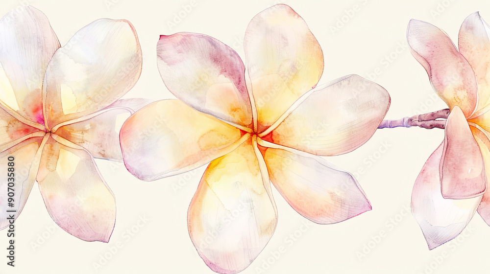 Watercolor tropical plumeria in wet-on-wet style, seamless blending, light beige Background Watercolor tropical plumeria in wet-on-wet style, seamless blending, light beige Background