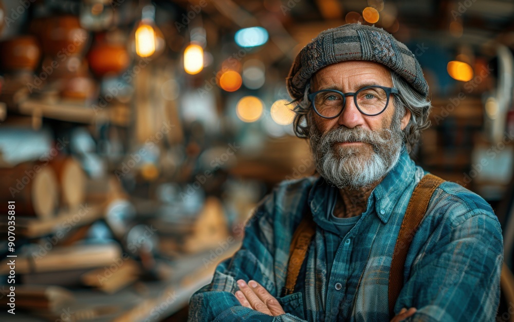 A Mediterranean craftsman focuses intently on woodworking in a warm, well-lit workshop filled with tools and materials A Mediterranean craftsman focuses intently on woodworking in a warm, well-lit workshop filled with tools and materials