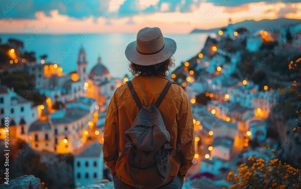 An adult Mediterranean person stands in awe, admiring a stunning city panorama illuminated by warm sunset colors An adult Mediterranean person stands in awe, admiring a stunning city panorama illuminated by warm sunset colors