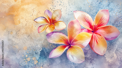 Watercolor tropical plumeria using layering (glazing), rich colors, textured paper background