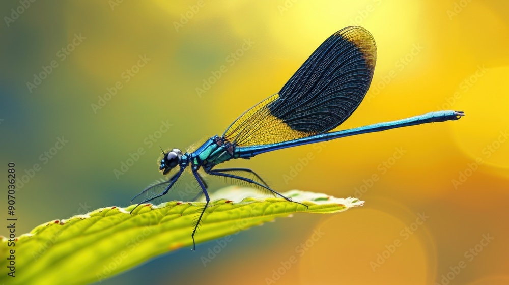 Blue Dragonfly Perched on Green Leaf Blue Dragonfly Perched on Green Leaf