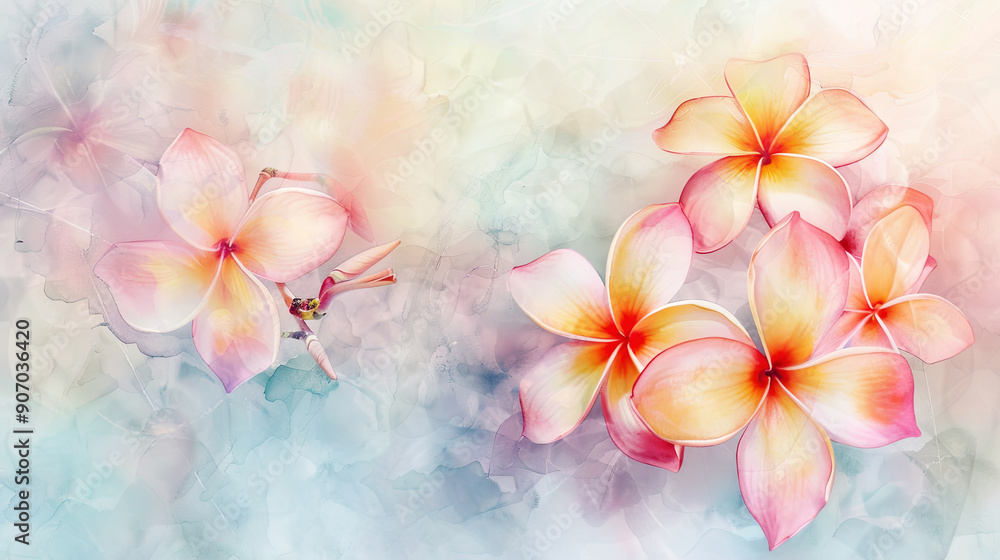 Watercolor tropical plumeria with gradient washes, seamless transitions, soft background Watercolor tropical plumeria with gradient washes, seamless transitions, soft background