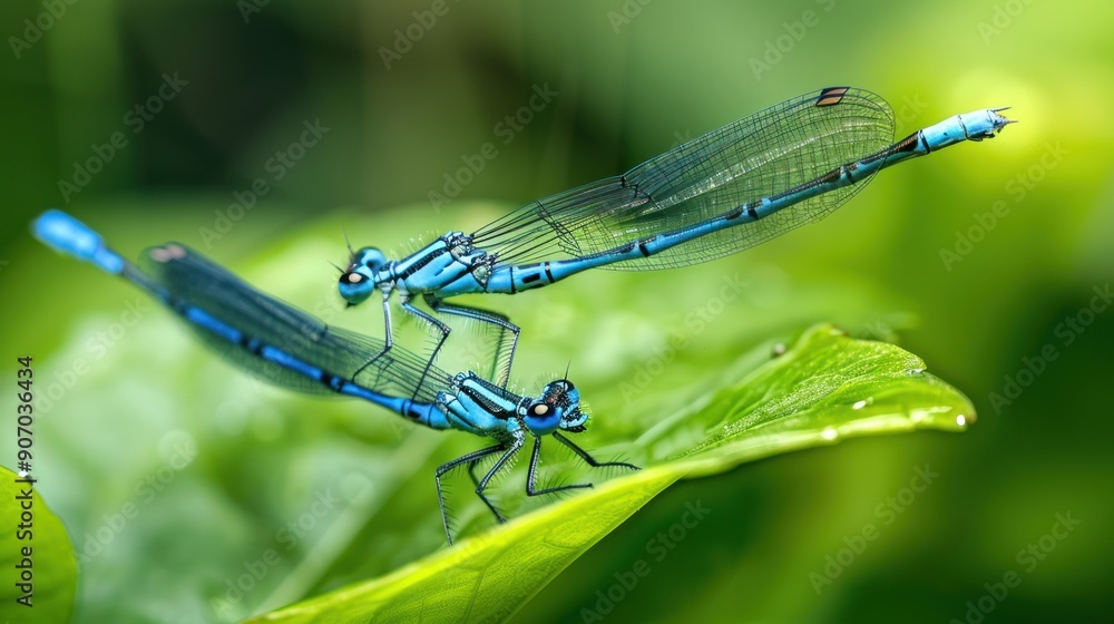 Two Azure Damselflies on Green Leaf Two Azure Damselflies on Green Leaf